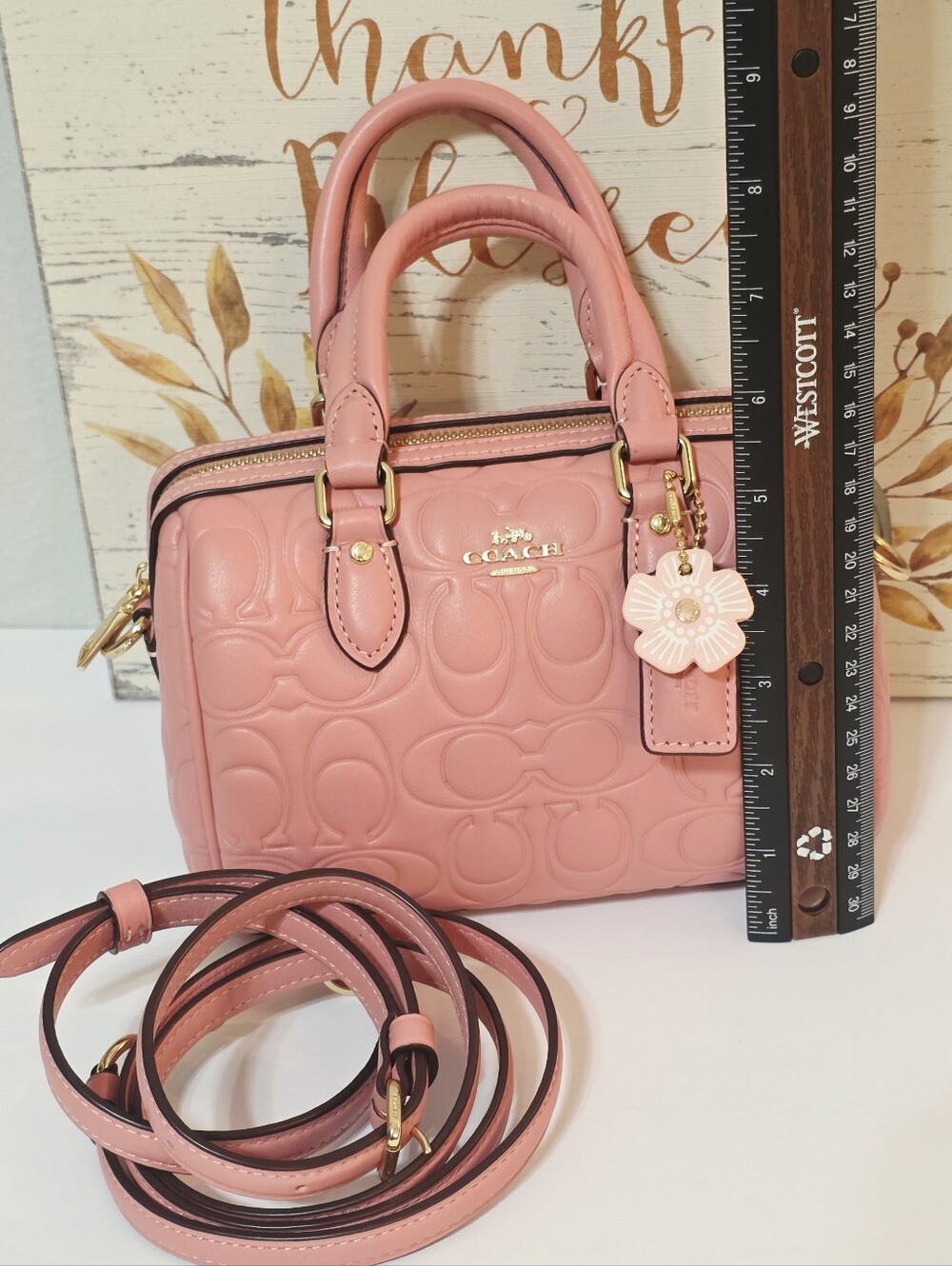 Coach Mini Rowan Crossbody Light Blush Gold CN754 + Tea Rose Coach Charm - Picture 11 of 16